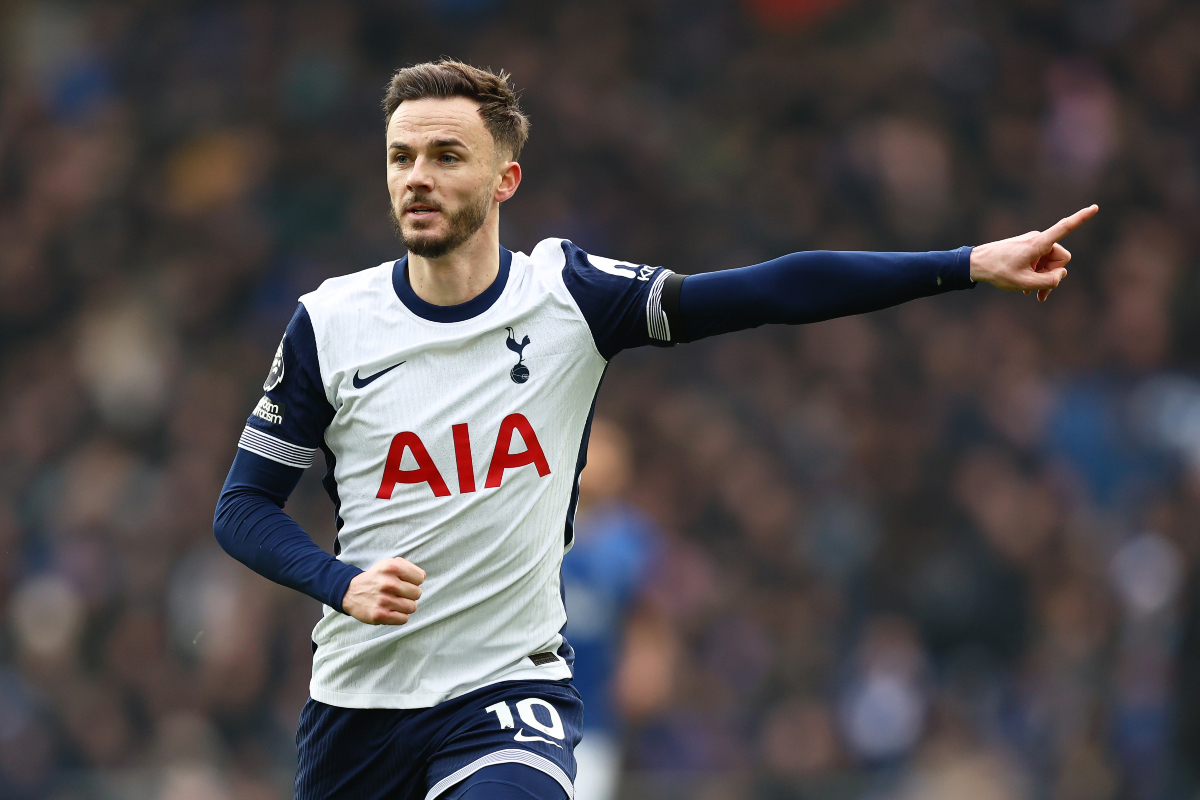 James Maddison points during Tottenham’s clash with Everton at Goodison Park.