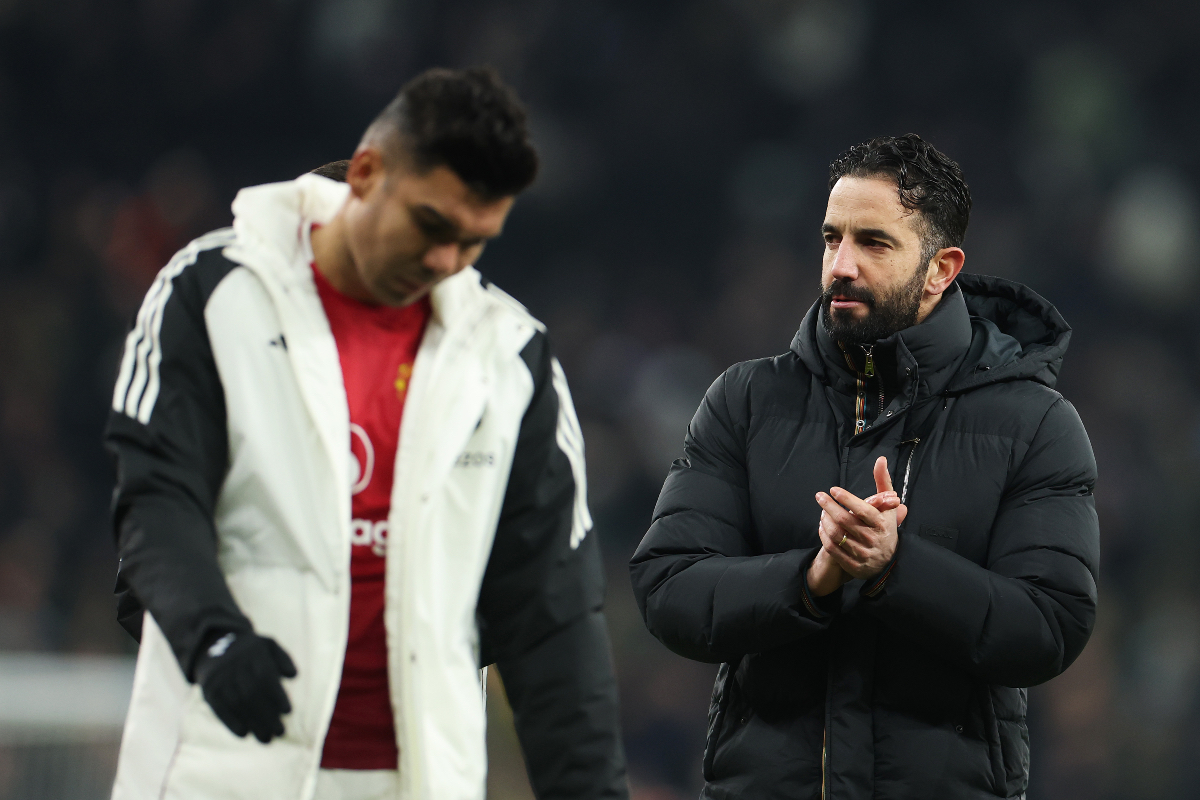 LONDON, ENGLAND - FEBRUARY 16: Ruben Amorim, Manager of Manchester United, applauds the fans after the team's defeat in the Premier League match between Tottenham Hotspur FC and Manchester United FC at Tottenham Hotspur Stadium on February 16, 2025 in London, England.