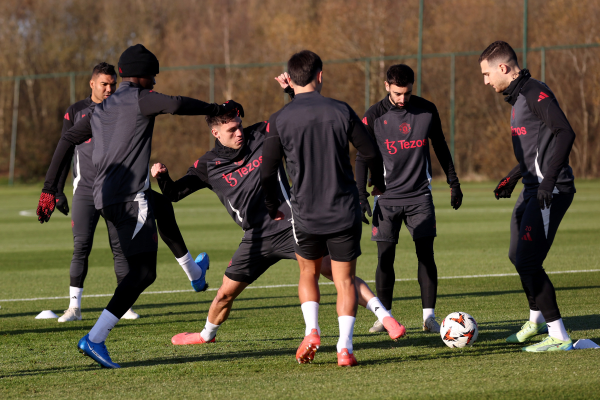 Manuel Ugarte trains with his Man United teammates at Carrington.