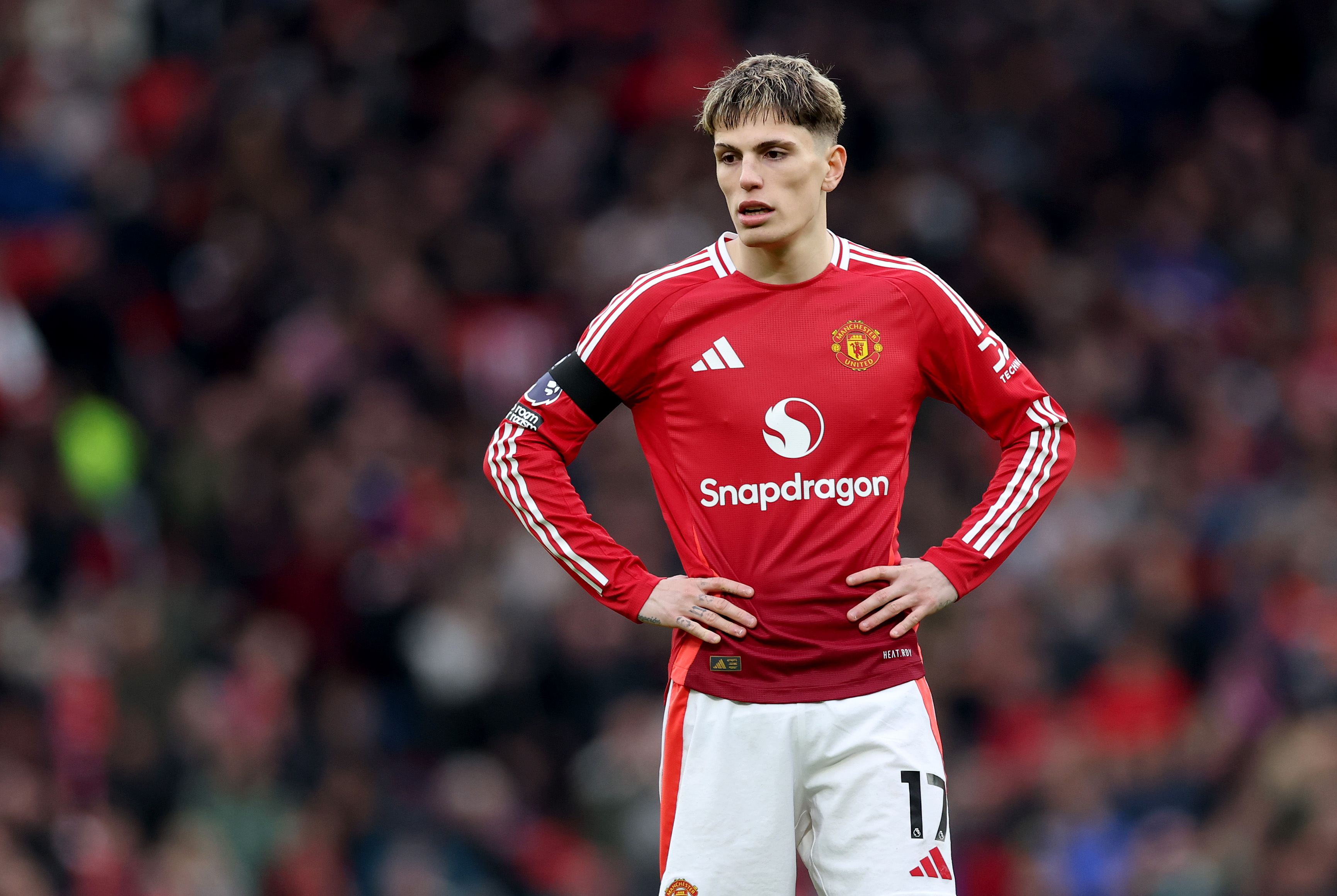 Alejandro Garnacho looks on while in action for Man United at Old Trafford.