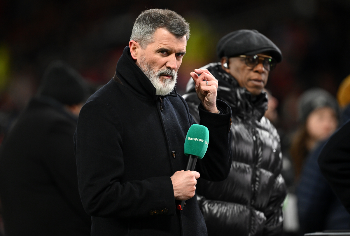 MANCHESTER, ENGLAND - FEBRUARY 07: TV pundits Ian Wright and Roy Keane are seen pitch side prior to the Emirates FA Cup Fourth Round match between Manchester United and Leicester City at Old Trafford on February 07, 2025 in Manchester, England