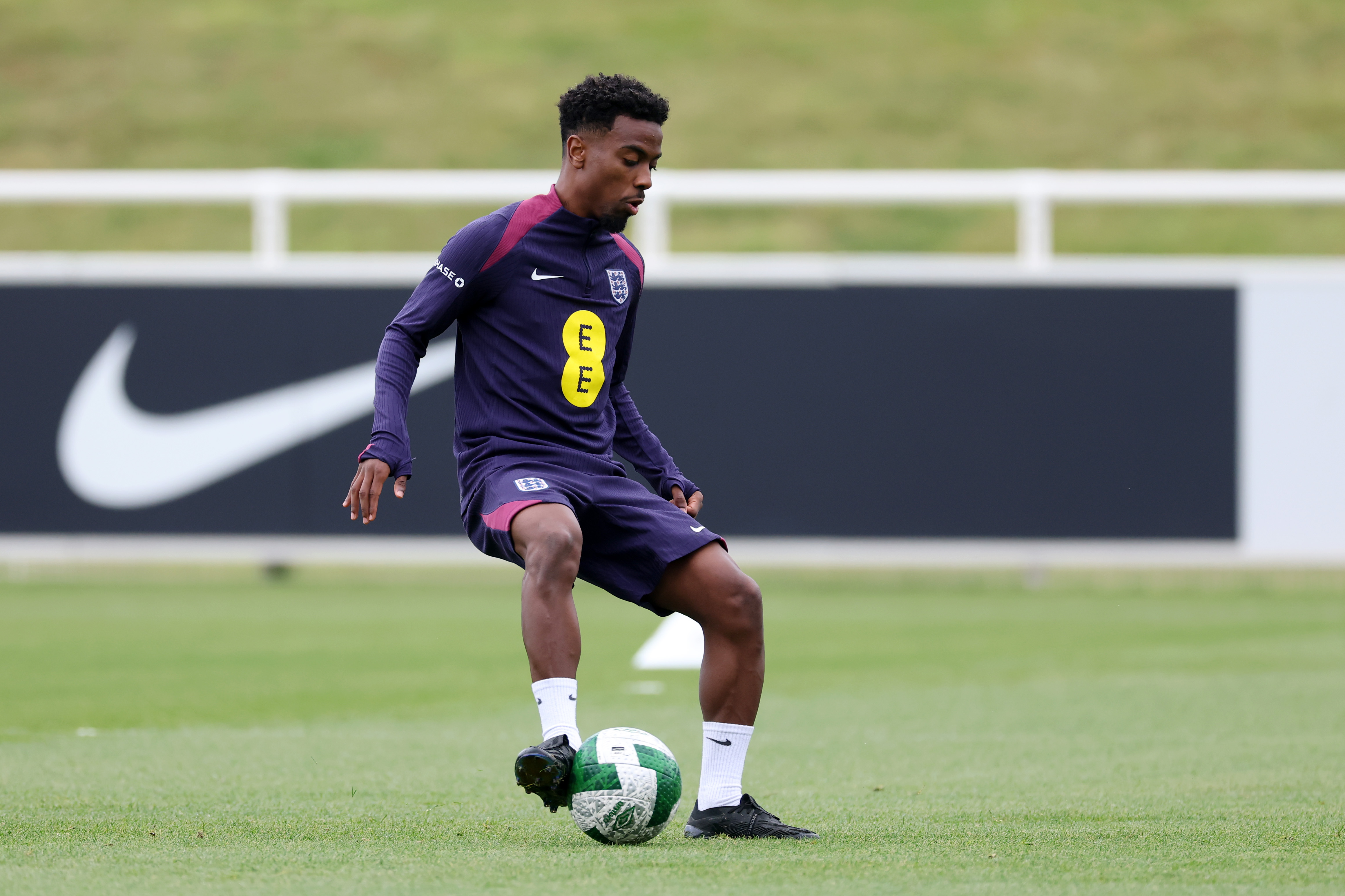 BURTON-UPON-TRENT, ENGLAND - SEPTEMBER 04: Angel Gomes of England controls the ball during a training session at St Georges Park on September 04, 2024 in Burton-upon-Trent, England