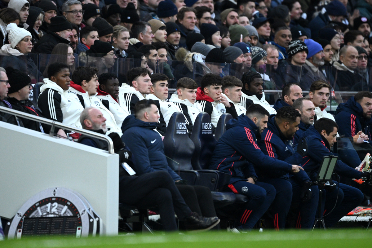  A general view of the Manchester United substitutes bench during the Premier League match between Tottenham Hotspur FC and Manchester United FC at Tottenham Hotspur Stadium on February 16, 2025 in London, England