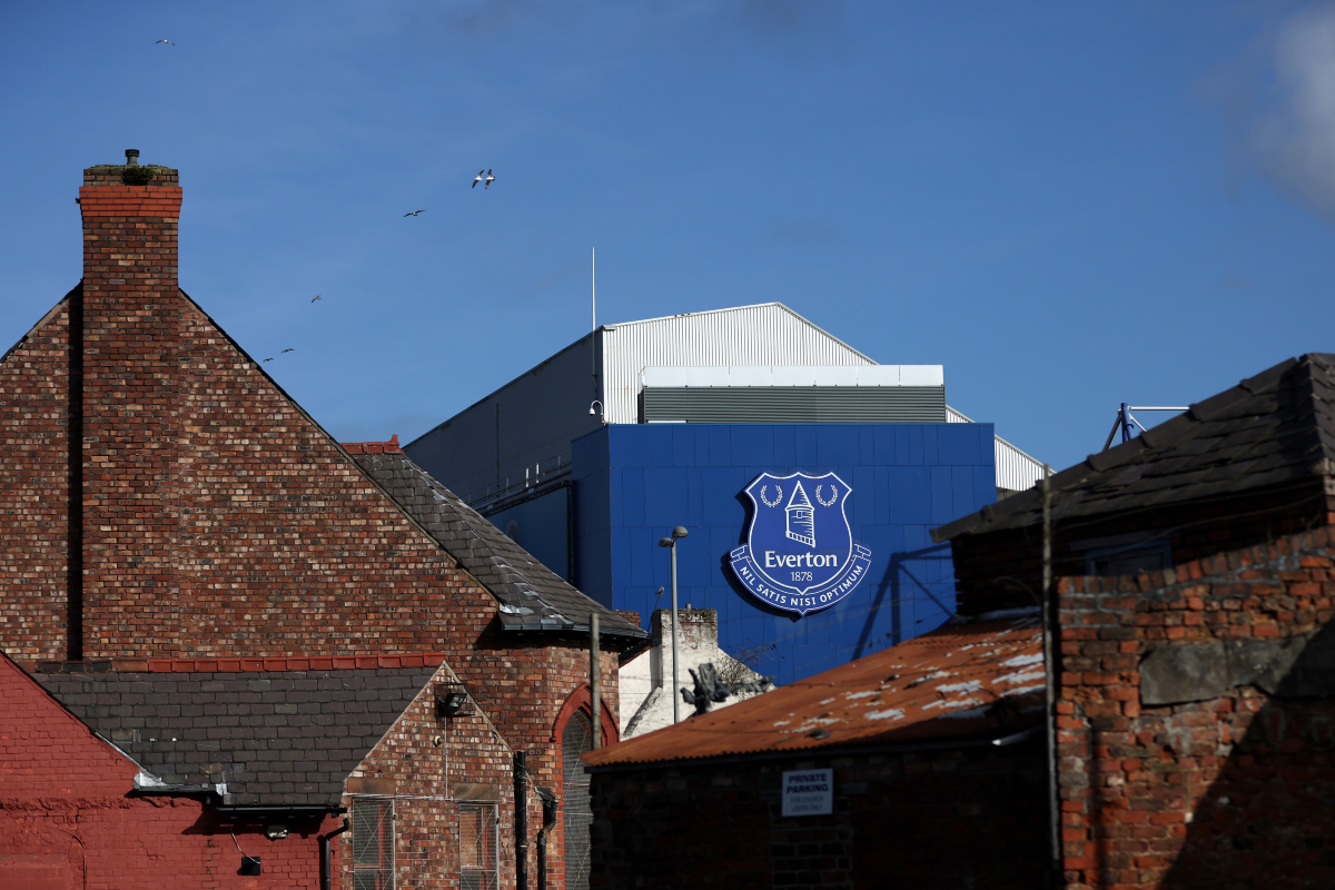 A general view of Everton’s logo at Goodison Park in the middle of houses.