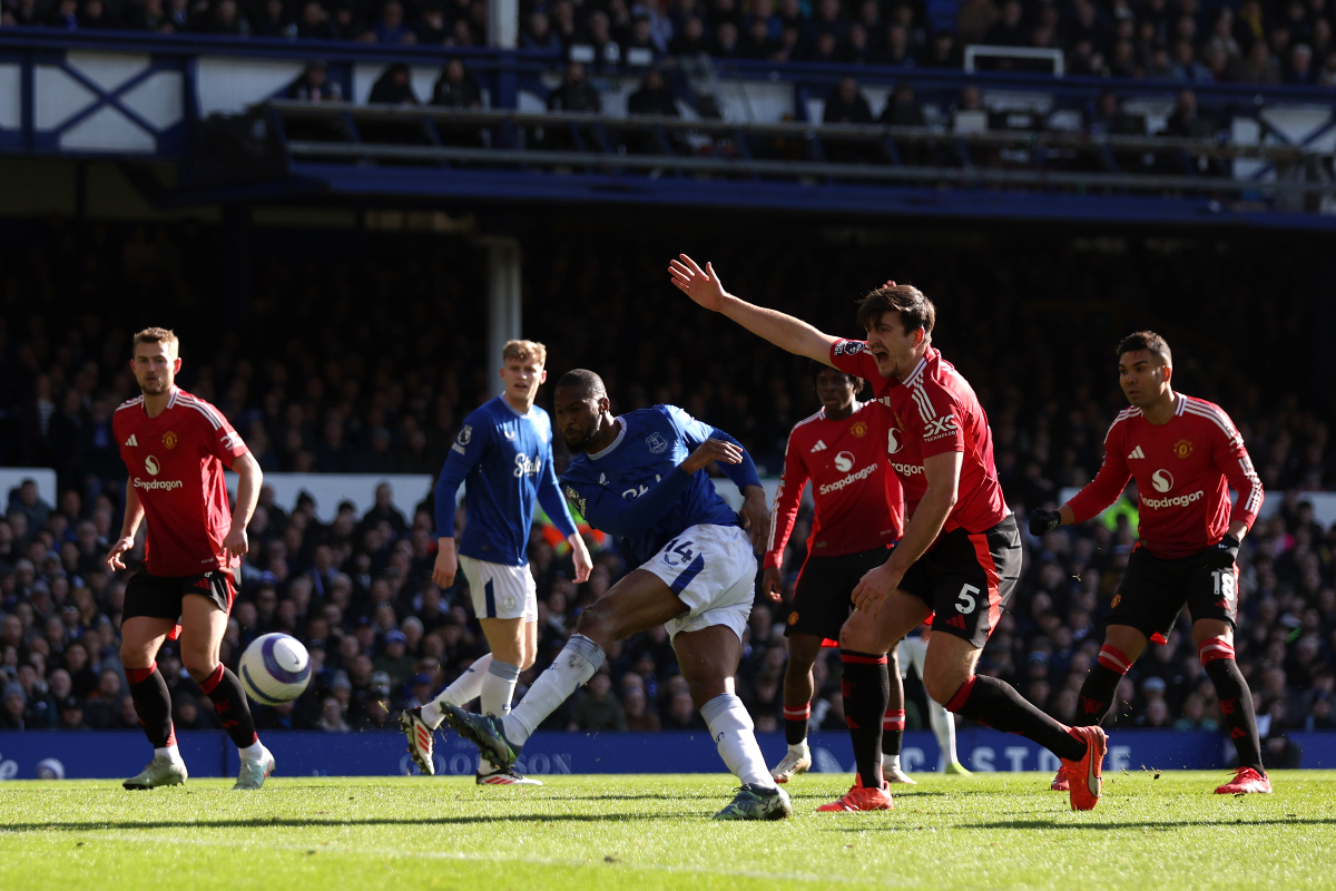 Harry Maguire calls for offside as Beto breaks the deadlock for Everton.