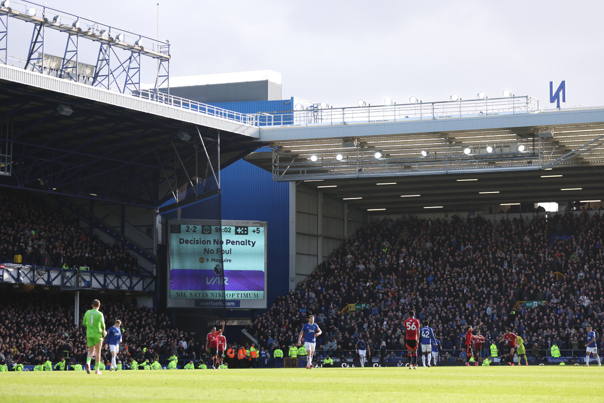 The scoreboard at Goodison Park confirms VAR’s decision to not award a penalty to Everton.