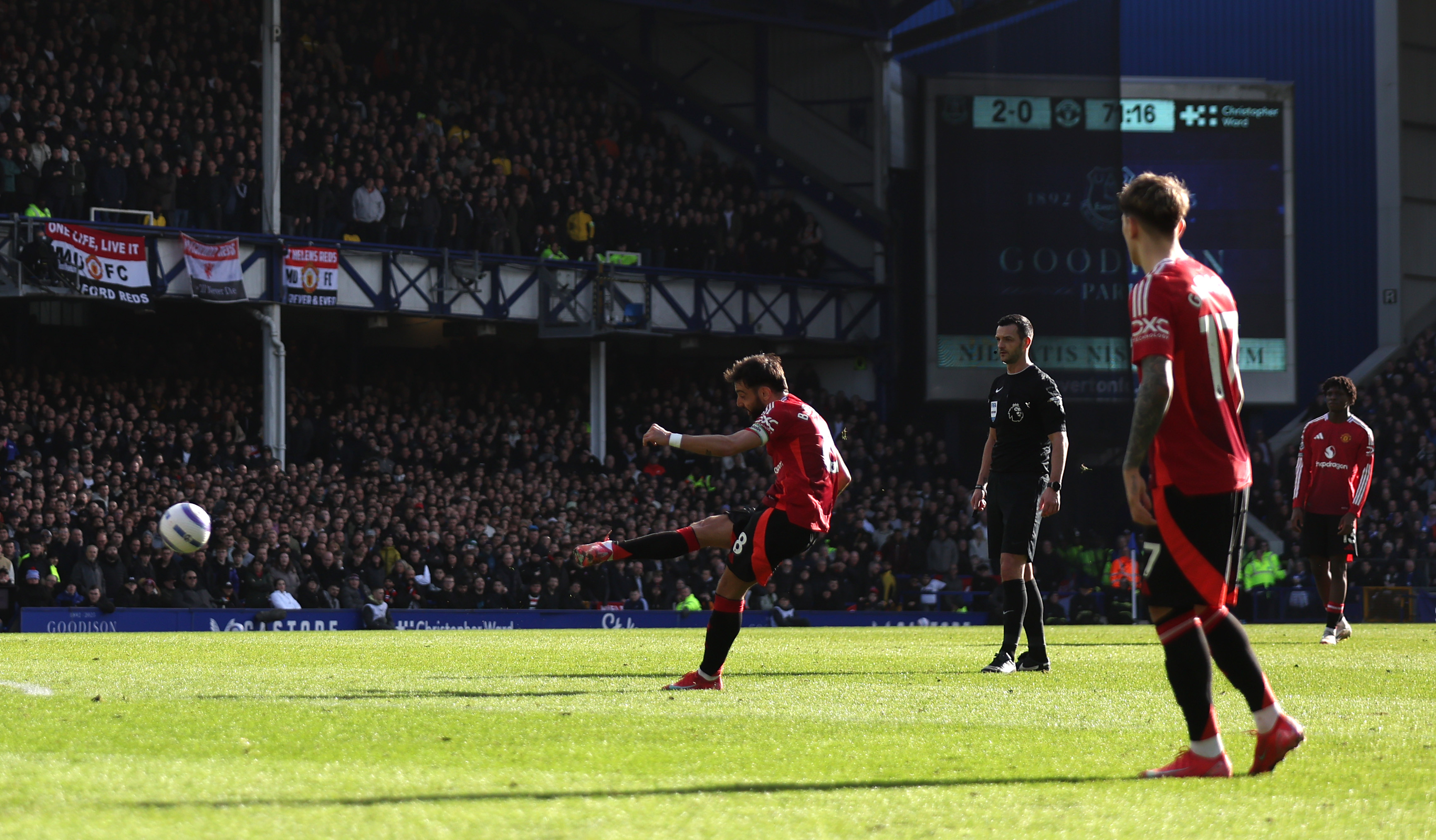 Bruno Fernandes takes - and subsequently scores - a set-piece against Everton.