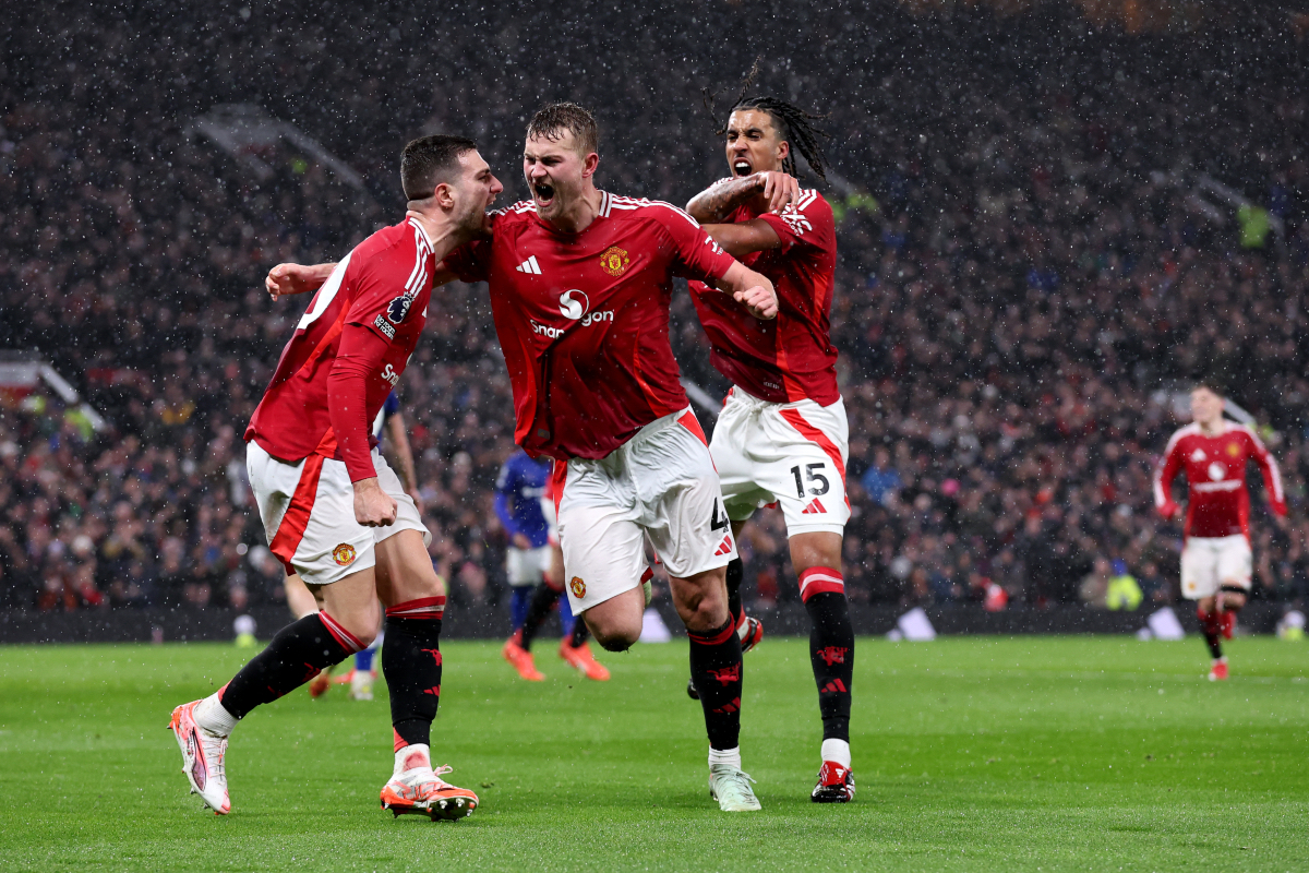 Matthijs de Ligt celebrates his goal against Ipswich with Diogo Dalot and Leny Yoro.