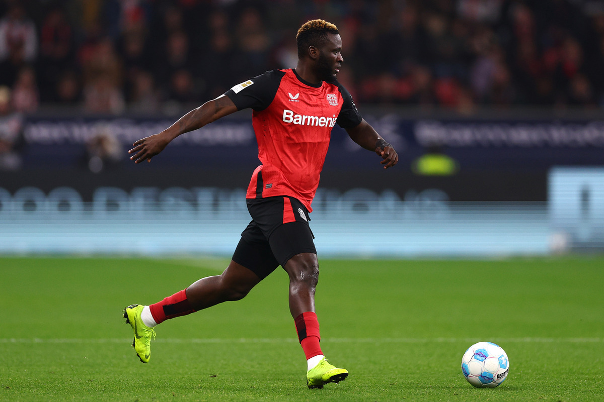 Victor Boniface on the pitch for Bayer Leverkusen