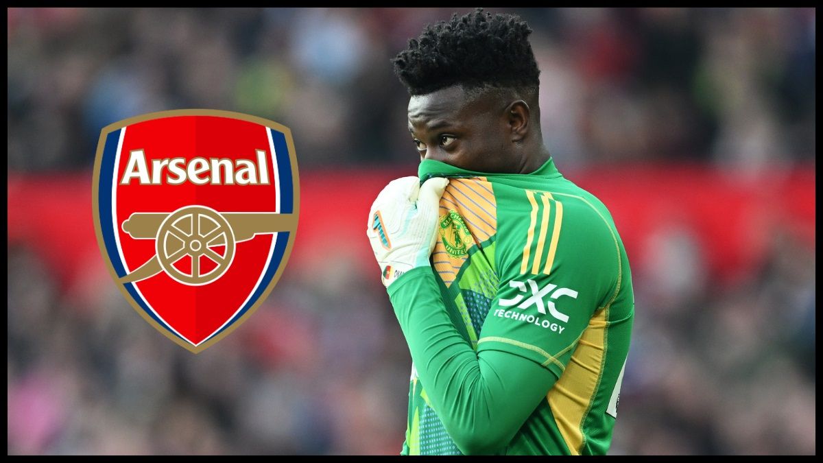 Andre Onana covers his face with his Man Utd shirt next to Arsenal club crest.
