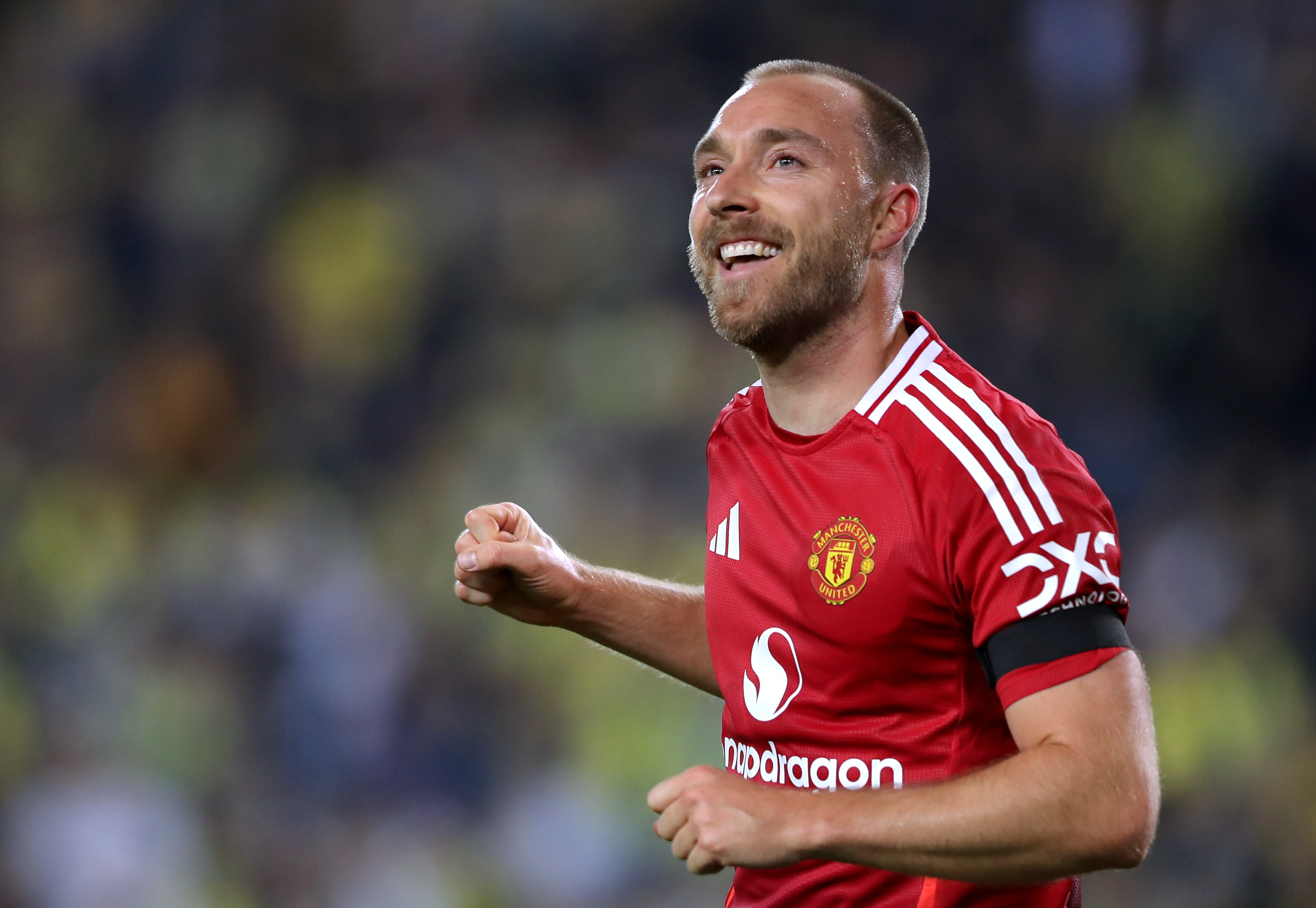 Christian Eriksen celebrates scoring against Fenerbahce in the Europe League.