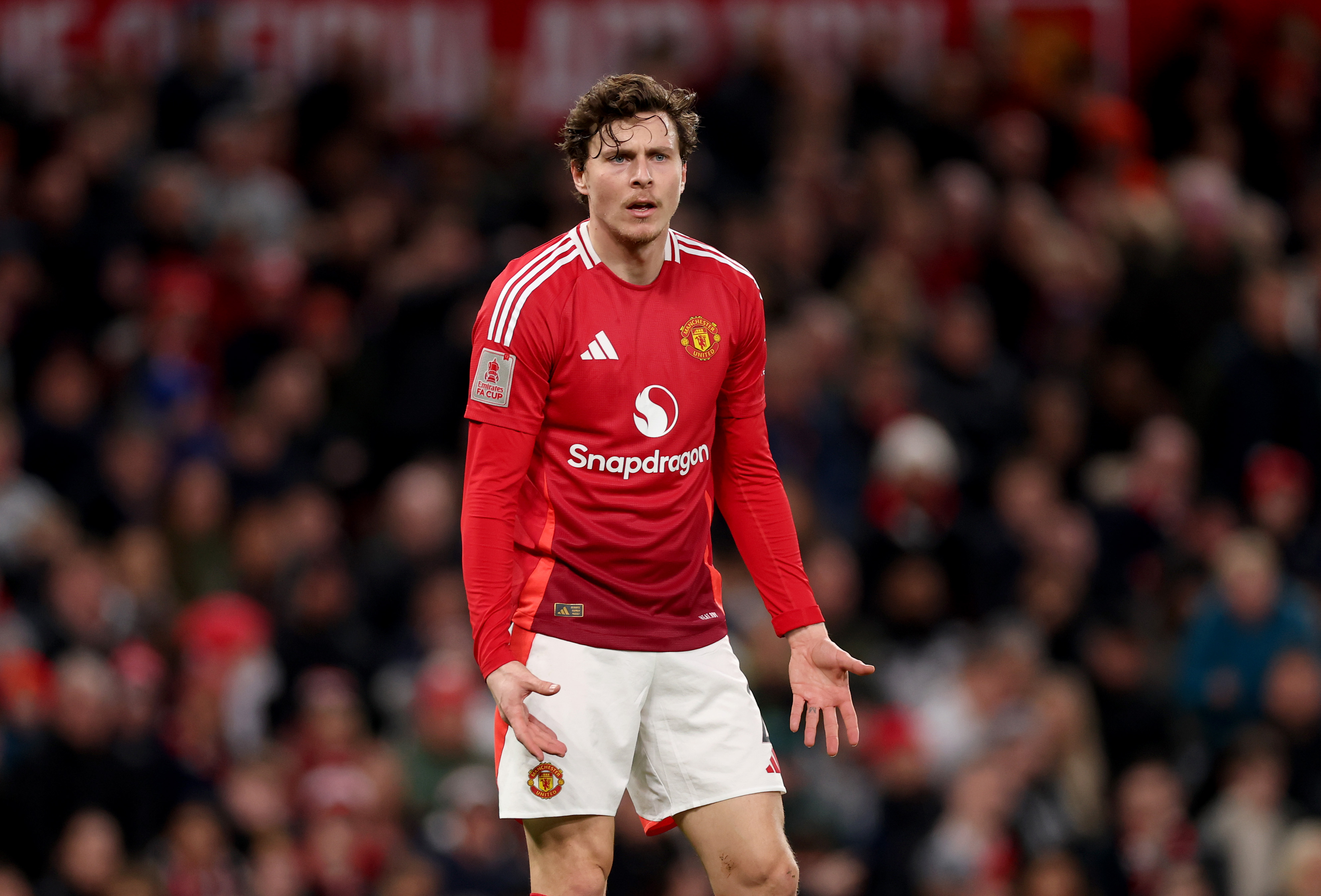 Victor Lindelof looks on while in action for Man United against Fulham in the FA Cup at Old Trafford.