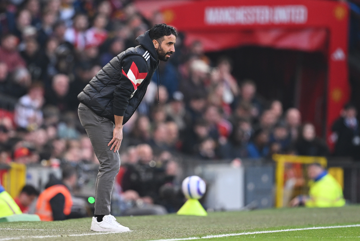 Ruben Amorim looks on from the touchline at Old Trafford.