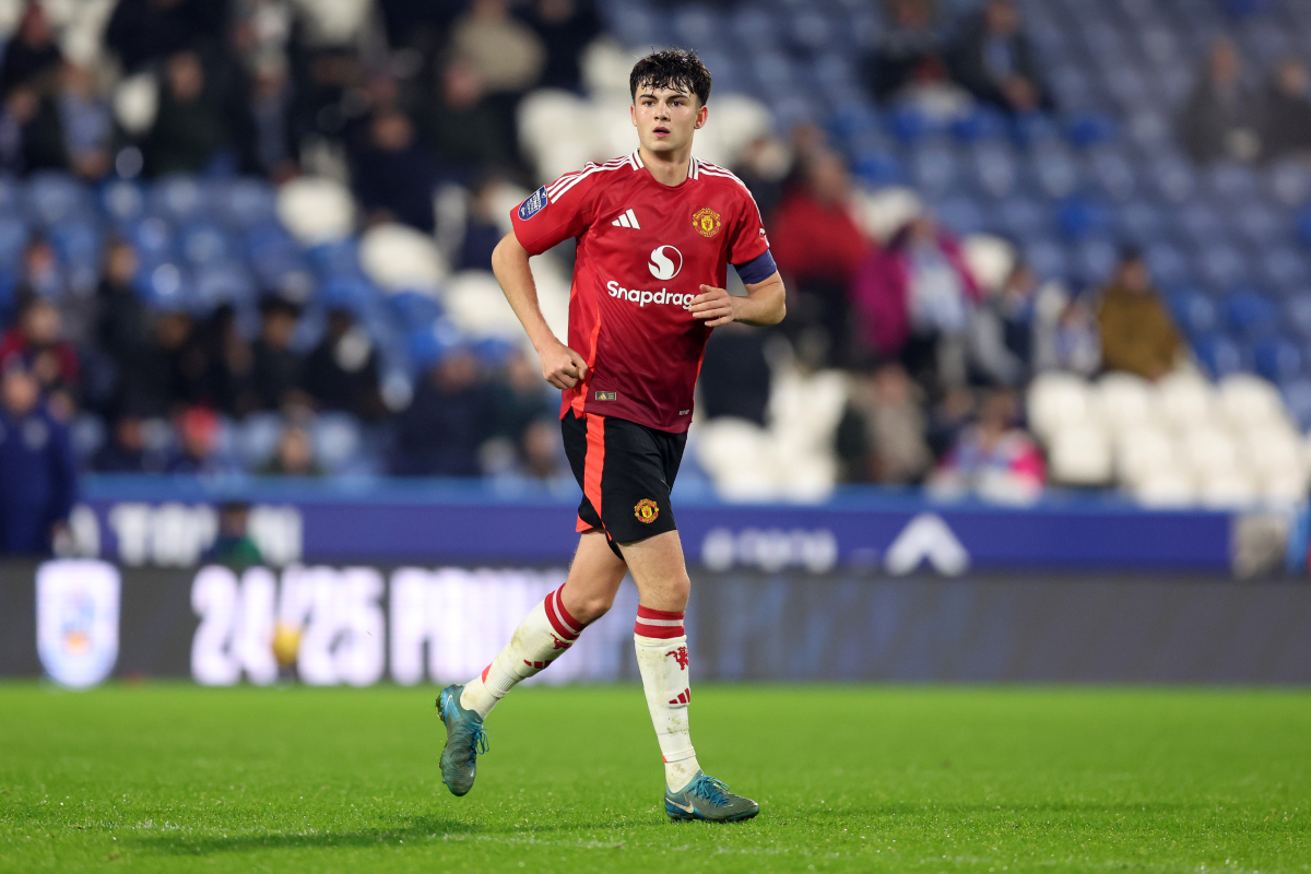  Tyler Fredricson of Manchester United U21 looks on during the Bristol Street Motors Trophy match between Huddersfield Town and Manchester United U21 at John Smith's Stadium on November 12, 2024 in Huddersfield, England. (Photo by George Wood/Getty Images)