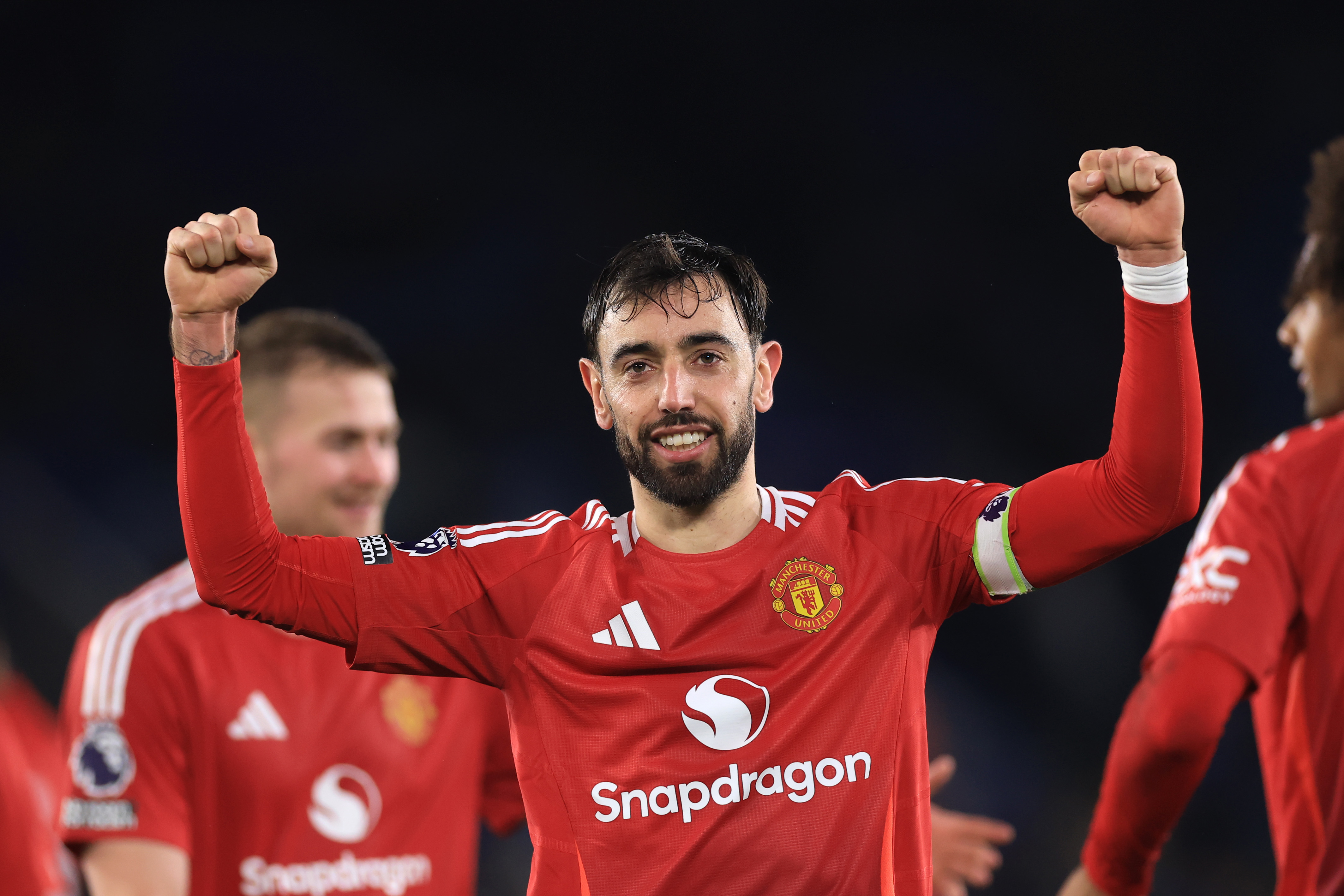 Bruno Fernandes celebrates after scoring against Leicester City.