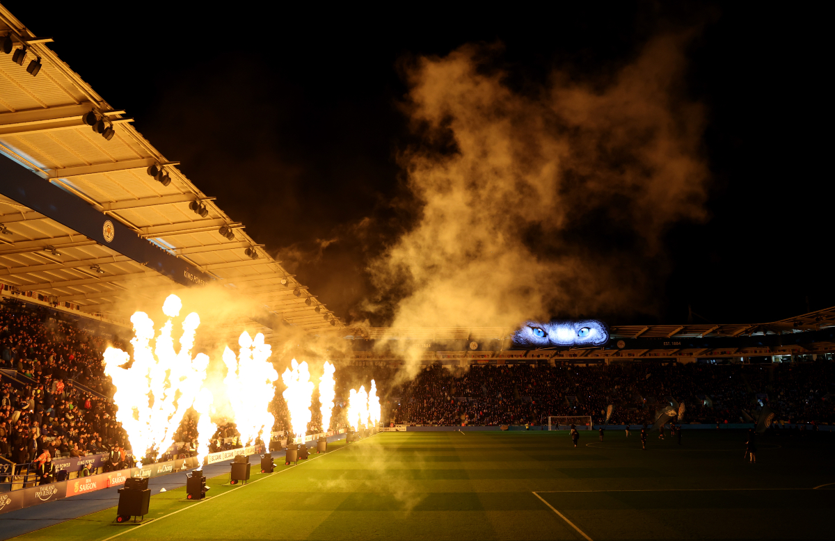 LEICESTER, ENGLAND - MARCH 16: A general view inside the stadium, as a pyrotechnic display takes place prior to the Premier League match between Leicester City FC and Manchester United FC at The King Power Stadium on March 16, 2025 in Leicester, England.