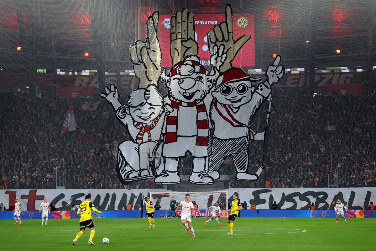 RB Leipzig fans unveil a tifo during the club’s clash with Borussia Dortmund.