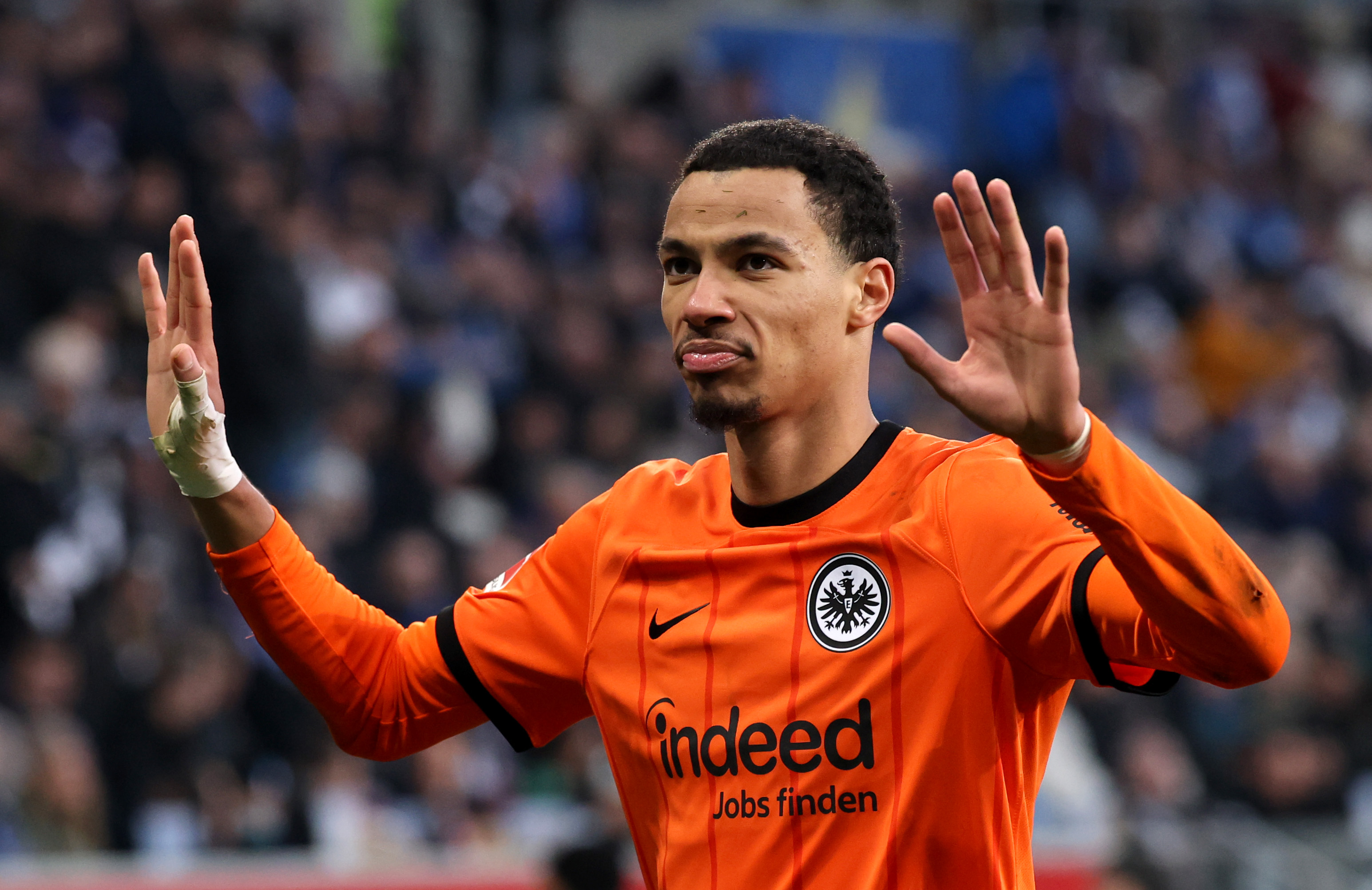 Hugo Ekitike reacts after scoring for Eintracht Frankfurt.