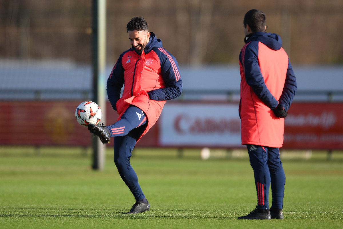 Ruben Amorim does kick-ups while leading Man United training at Carrington.