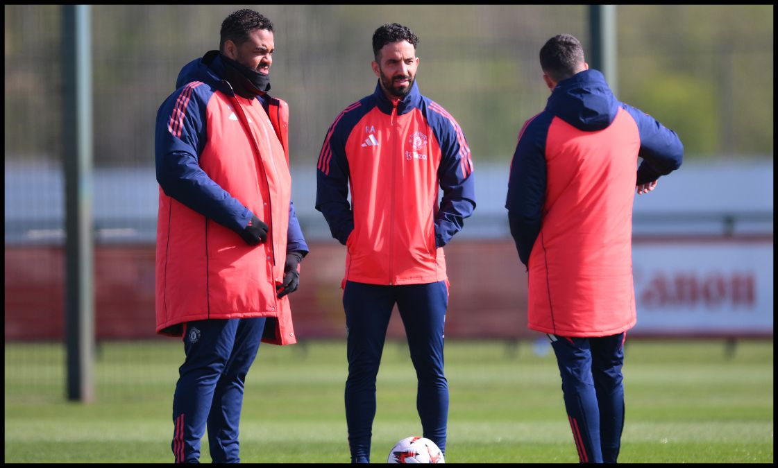Ruben Amorim takes a training session at Carrington with his assistants.