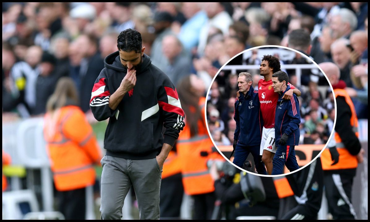 Ruben Amorim looks dejected clutching his chin next to injured Joshua Zirkzee.