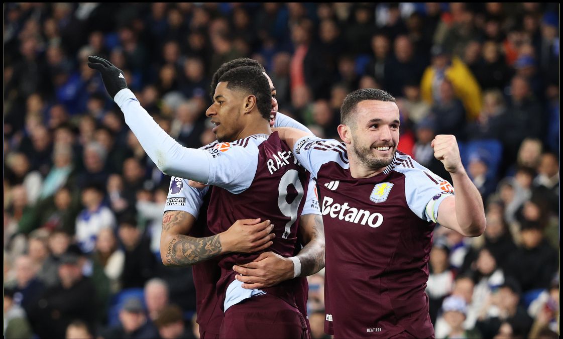 Marcus Rashford and Morgan Rogers celebrate Aston Villa goal