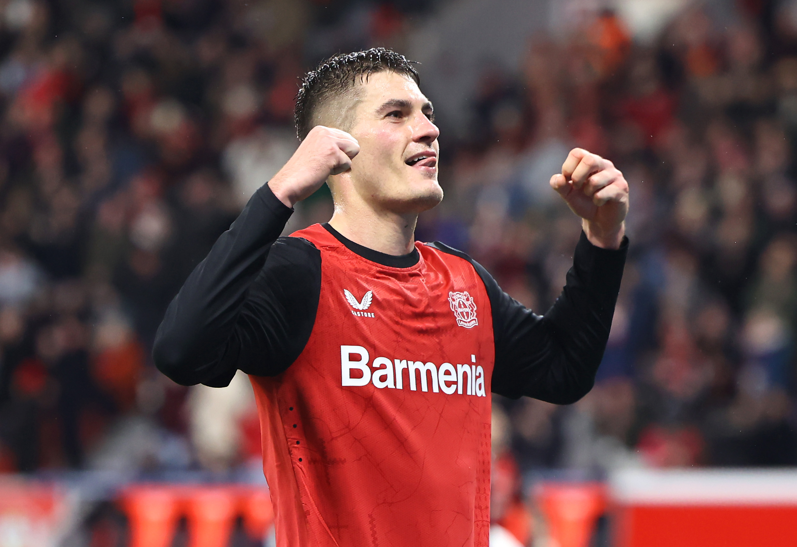 Patrik Schick celebrates after scoring Leverkusen’s fourth goal vs Freiburg.