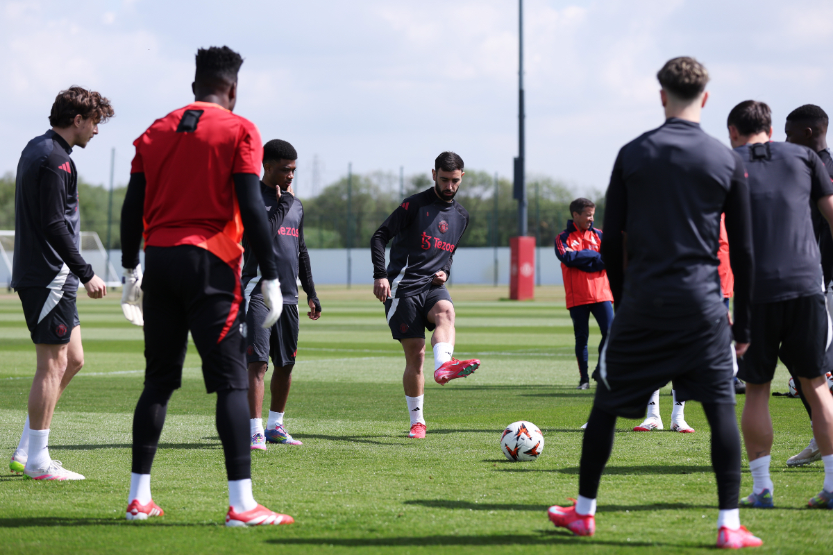 Bruno Fernandes trains with his teammates at Carrington.