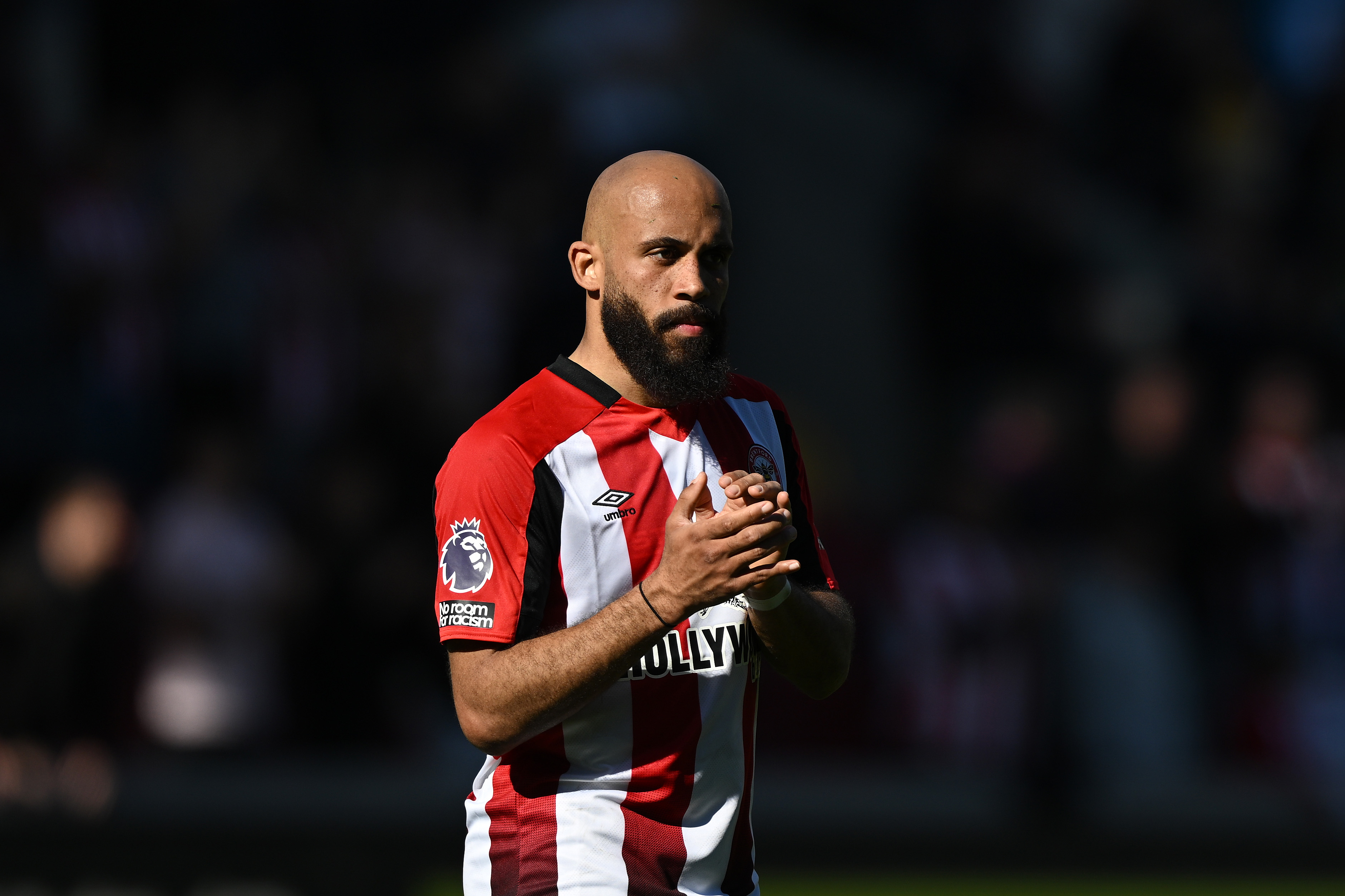 Bryan Mbeumo applauds the Brentford fans after the side’s 0-0 home draw with Chelsea.