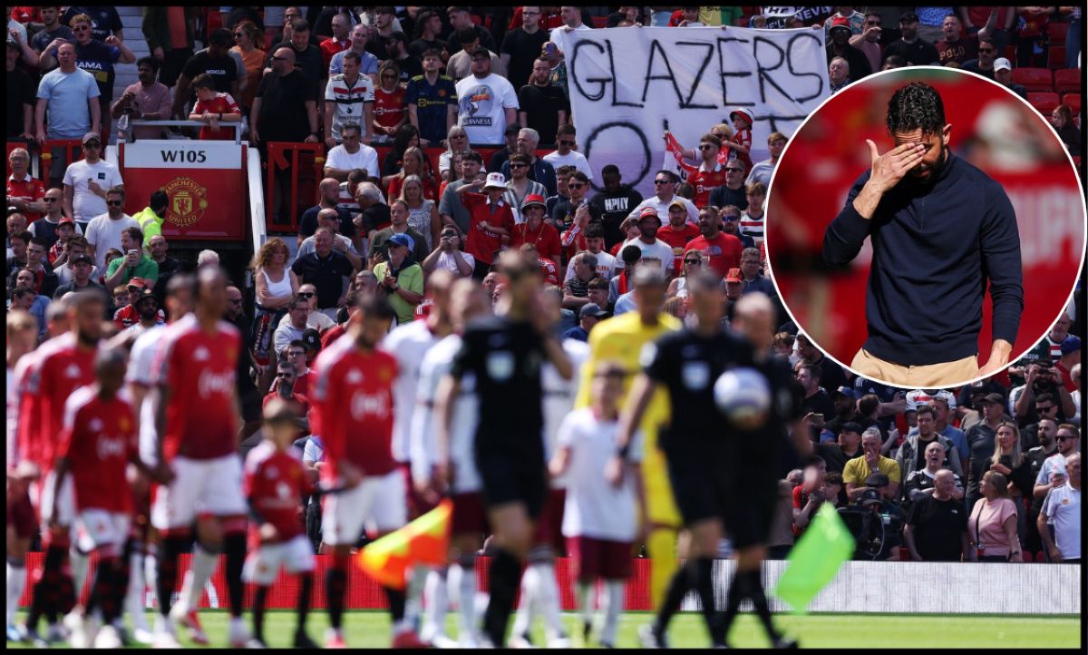 Man United players walk out ahead of kick-off as a ‘Glazers out’ banner is raised in the stands.