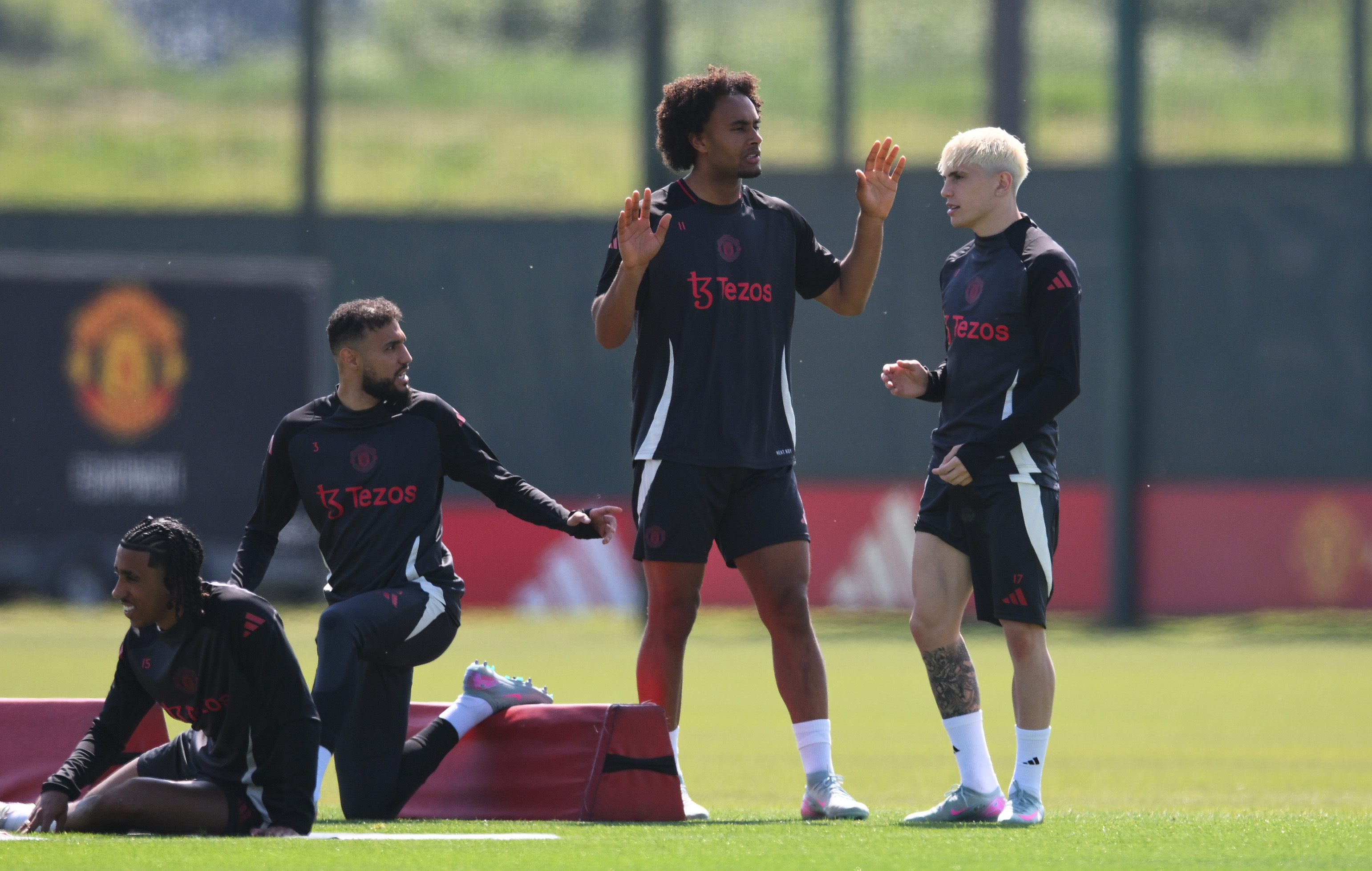 Leny Yoro, Joshua Zirkzee, Alejandro Garnacho and Noussair Mazraoui train at Carrington.