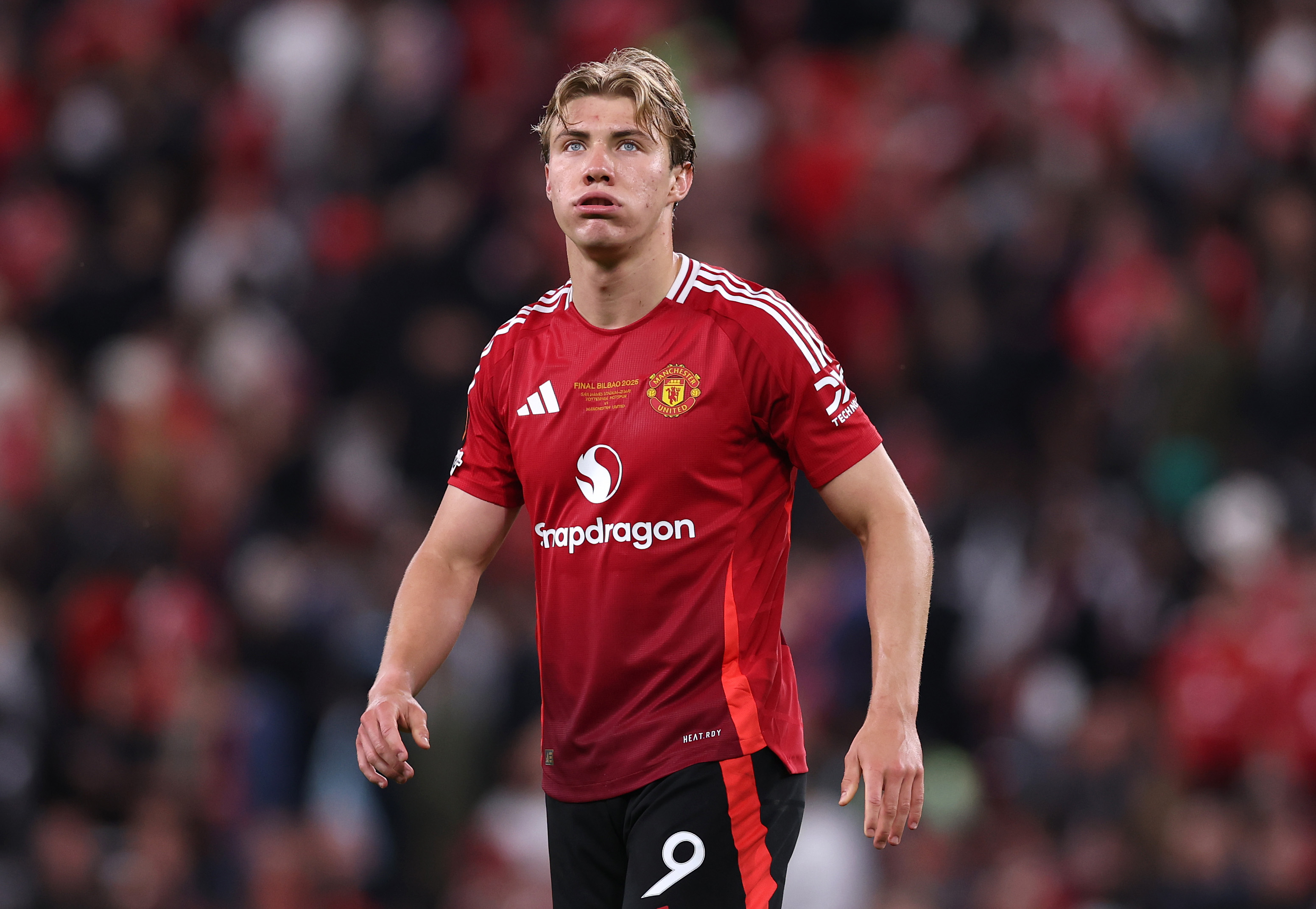 Rasmus Hojlund looks exasperated as Man United trail to Tottenham in the Europa League final.