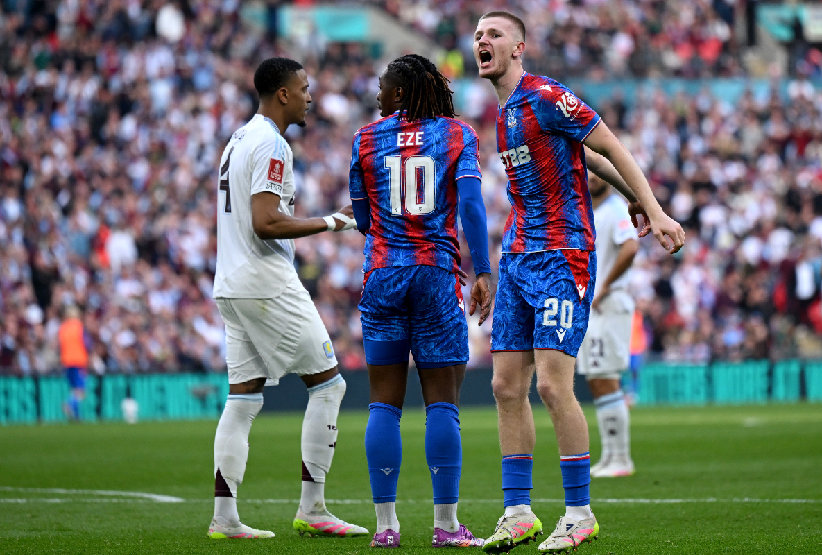 Eberechi Eze and Adam Wharton celebrate after Aston Villa miss a penalty in the FA Cup.