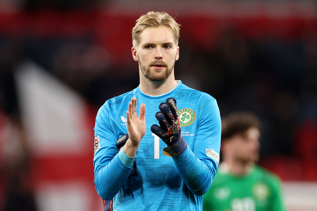 Caoimhin Kelleher applauds the Ireland fans after facing England.