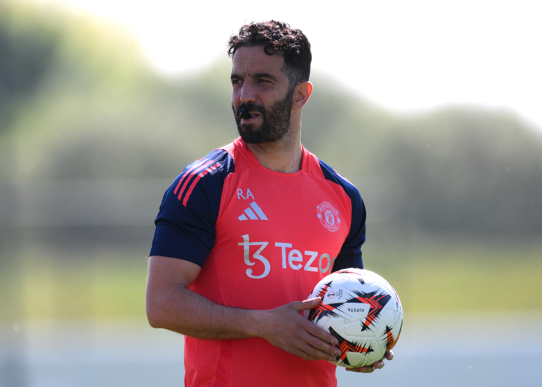 Ruben Amorim conducts a training session with his players at Carrington.