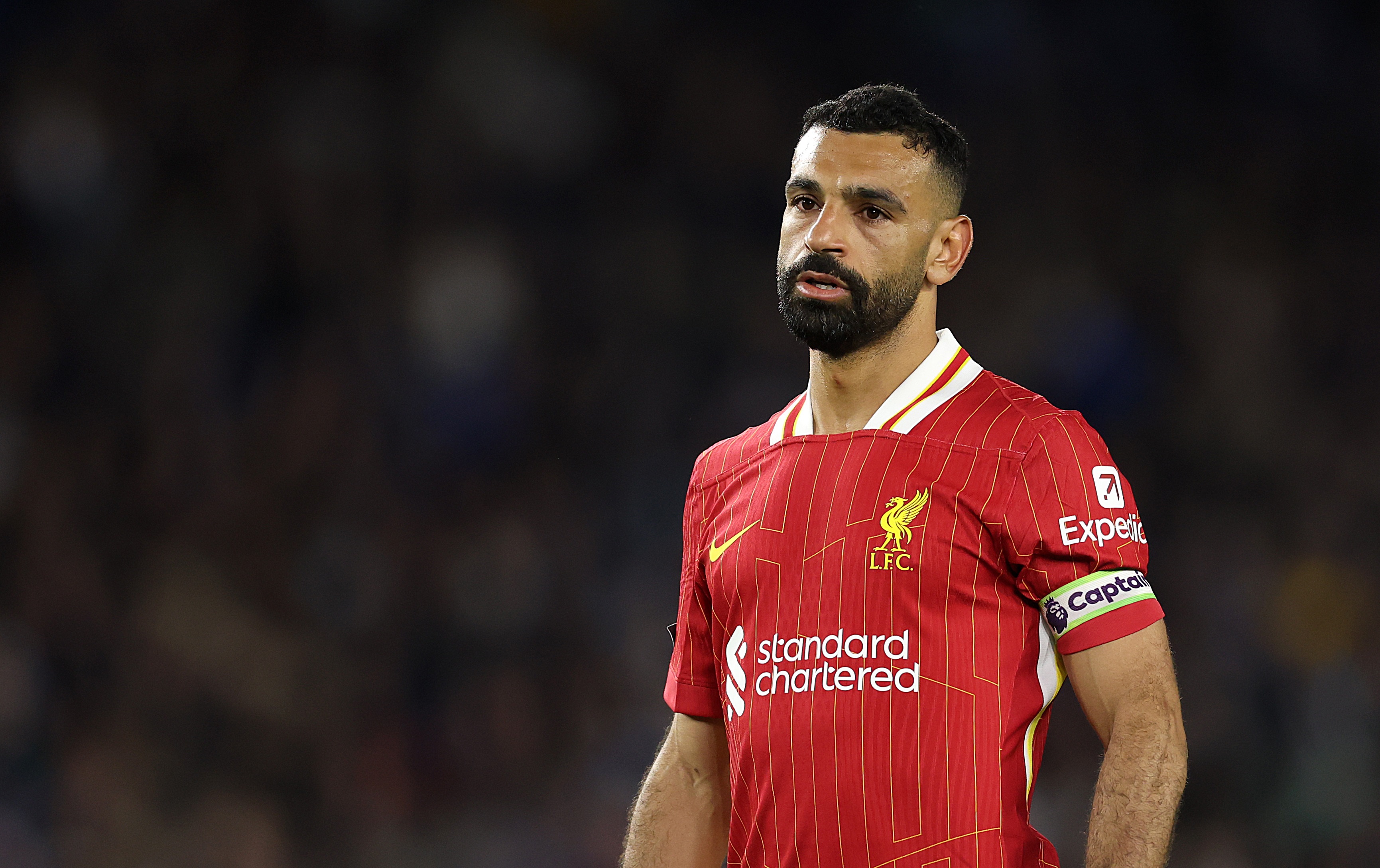 Mo Salah looks on during Liverpool game.