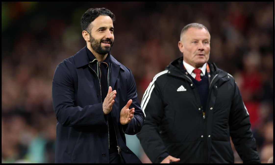 Ruben Amorim applauds the Man United fans at Old Trafford after the side progress to the Europa League final.
