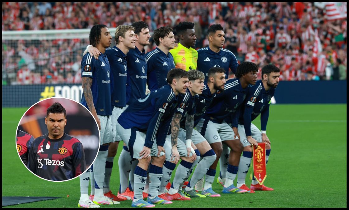 Man United players post for a picture ahead of kick-off vs Athletic Club.