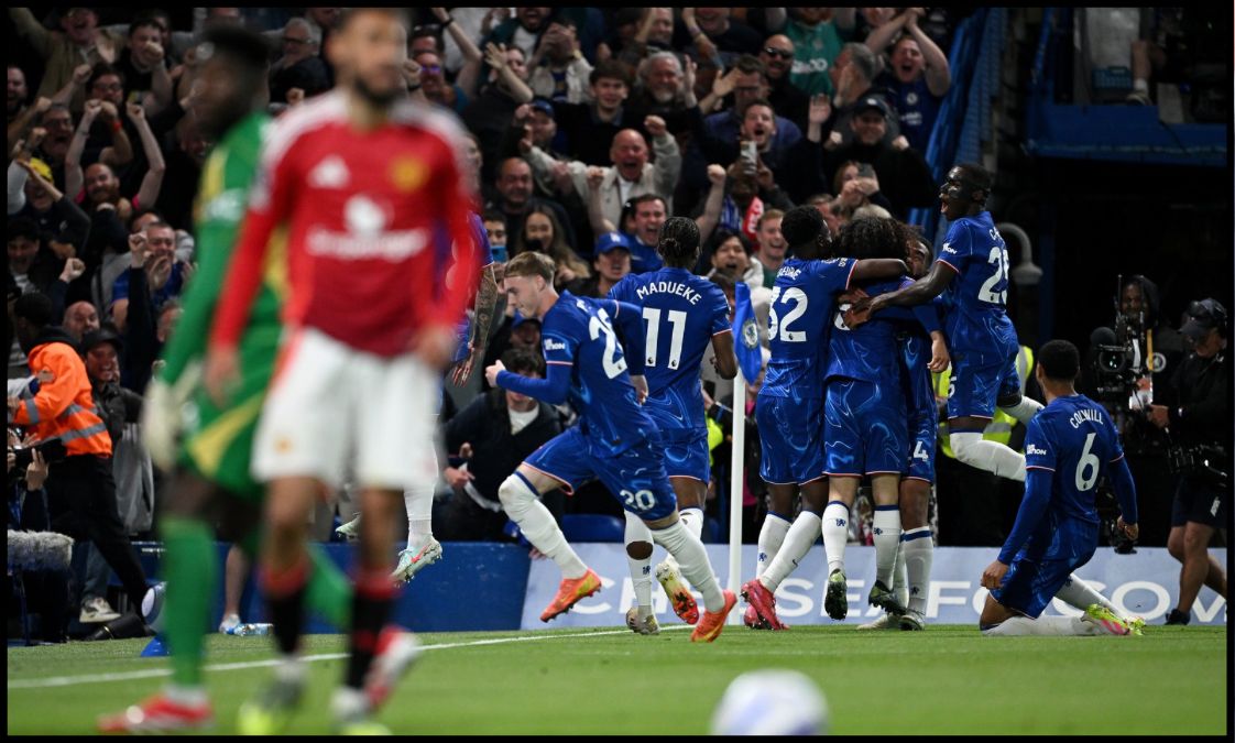 Chelsea celebrate with their fans after Marc Cucurella’s 71st-minute goal.
