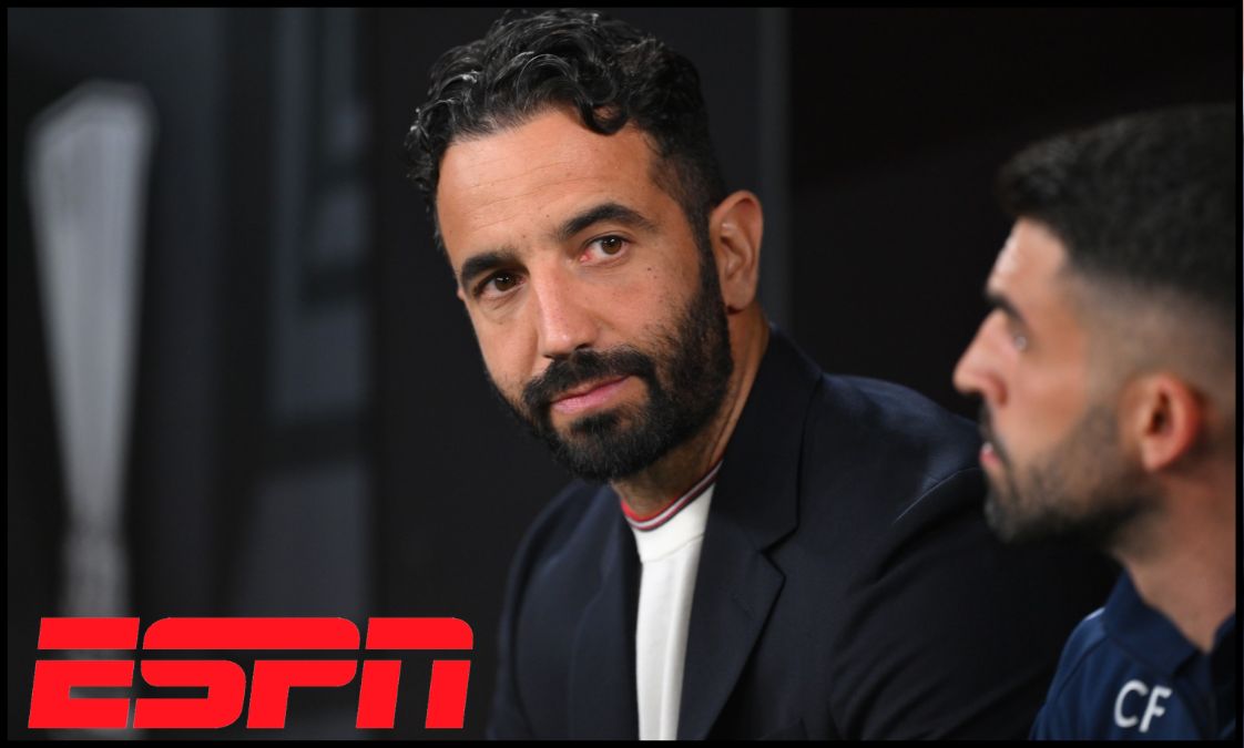 Ruben Amorim looks on from the touchline ahead of the Europa League final.