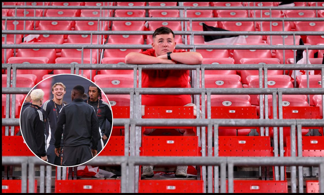 Devastated Man Utd supporter sitting alone in the stands after the Europa League final