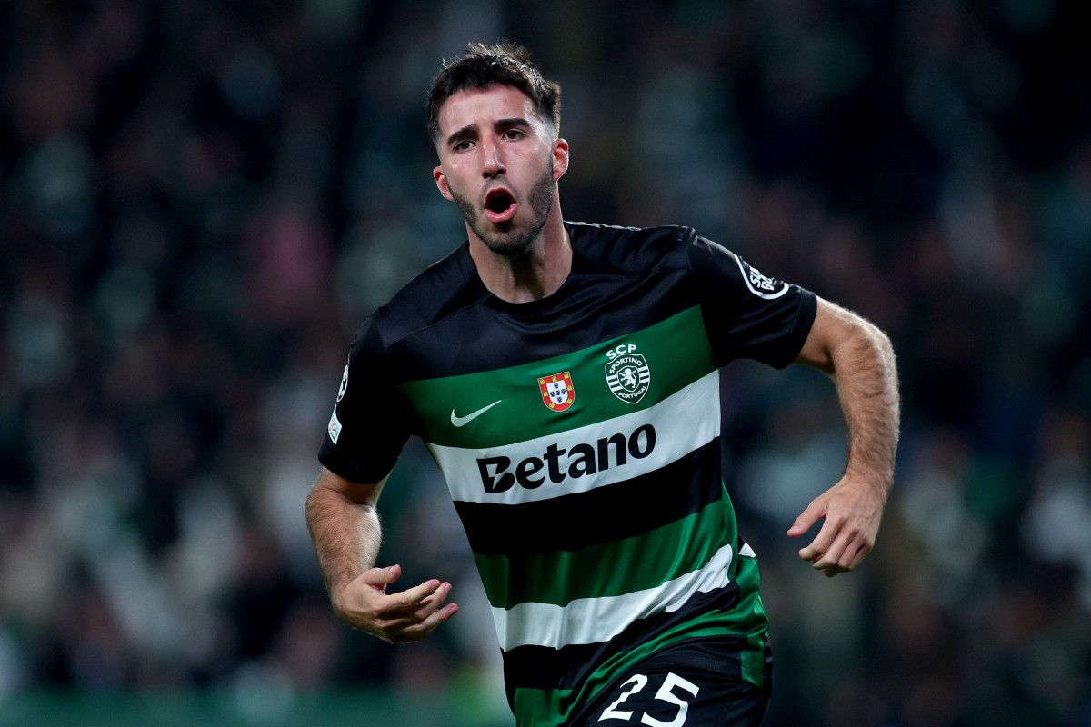 Goncalo Inacio celebrates scoring for Sporting Lisbon.