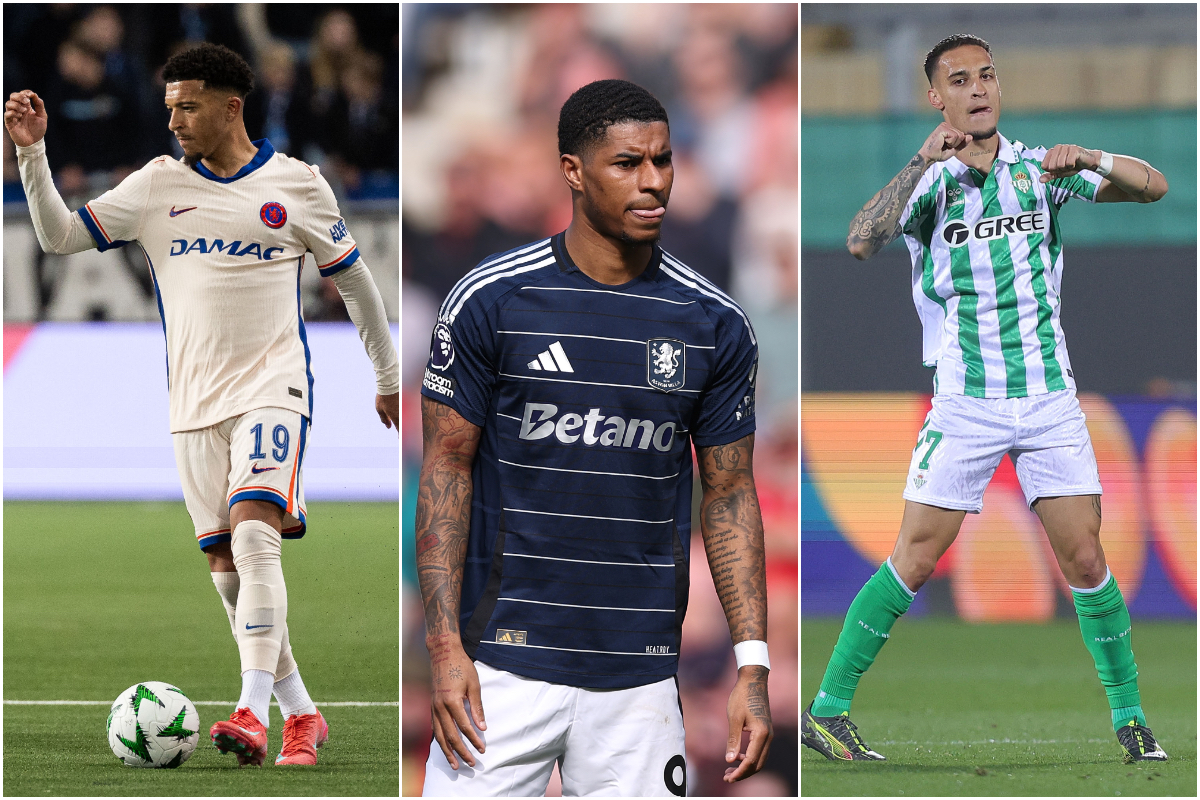 Jadon Sancho in action for Chelsea, Marcus Rashford for Aston Villa and Antony for Real Betis.