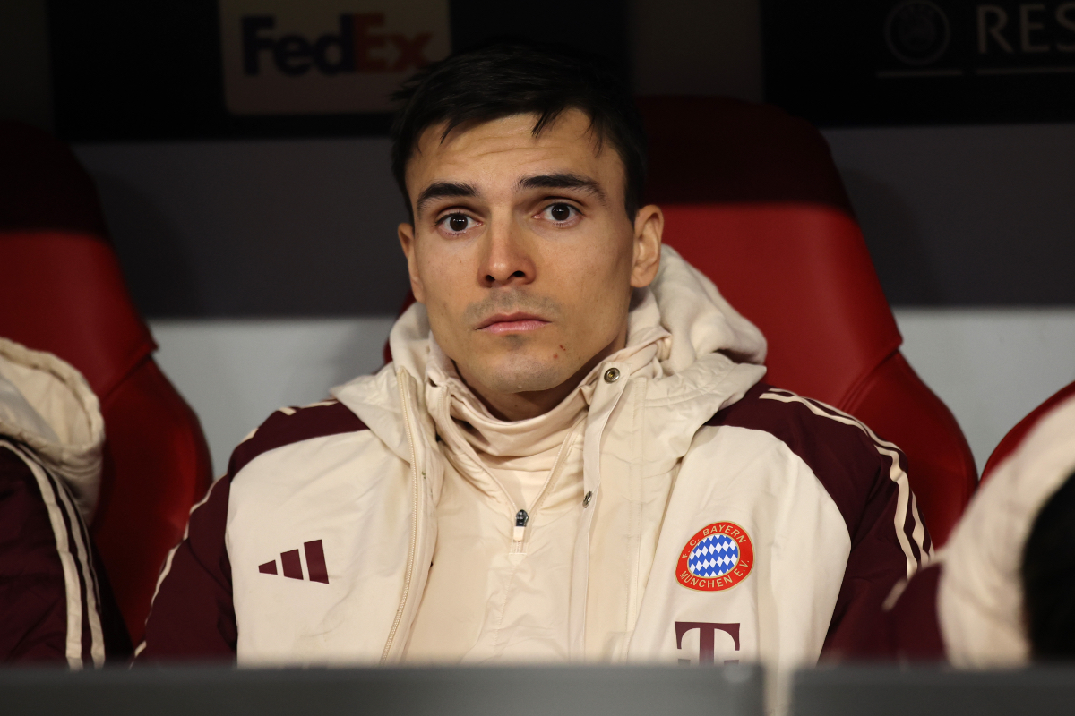 Joao Palhinha watches on from the bench before Bayern Munich play Celtic.