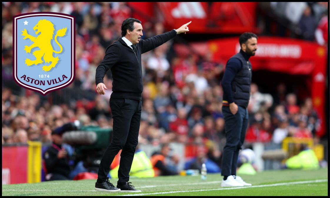 Unai Emery gestures from the touchline at Old Trafford alongside Ruben Amorim.