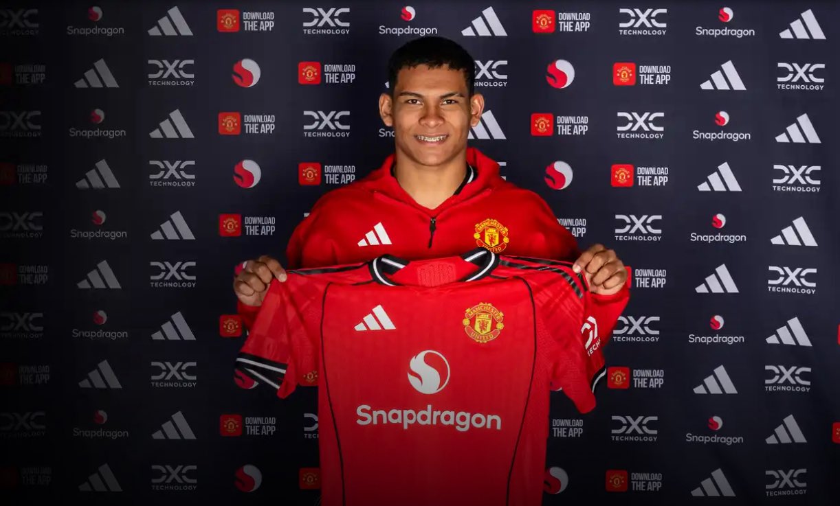 Man United’s new signing Diego Leon poses with a club shirt.