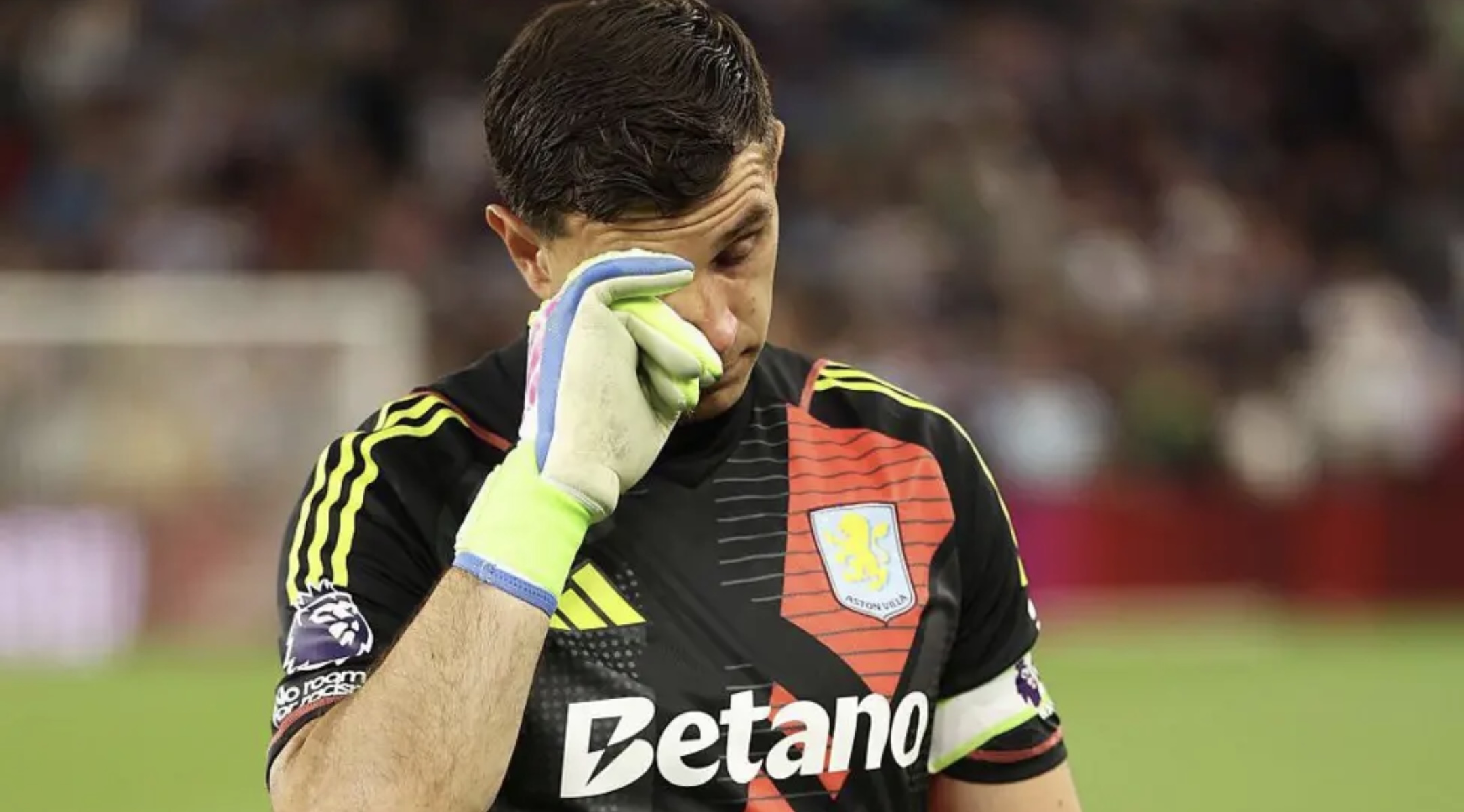 Emiliano Martinez looks emotional at Villa Park.