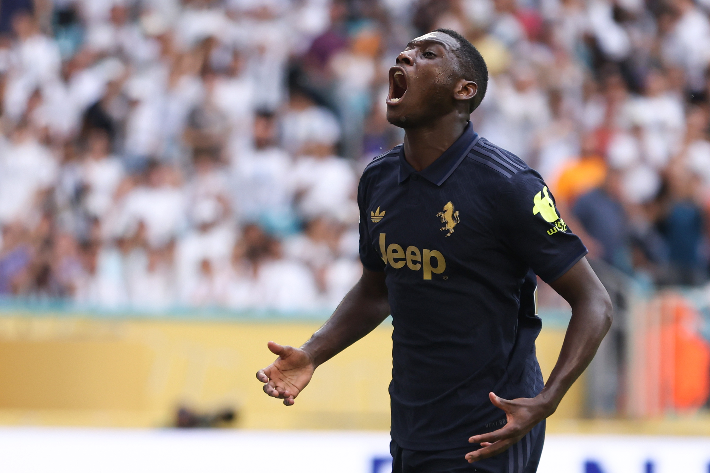Randal Kolo Muani reacts while in action for Juventus vs Real Madrid.