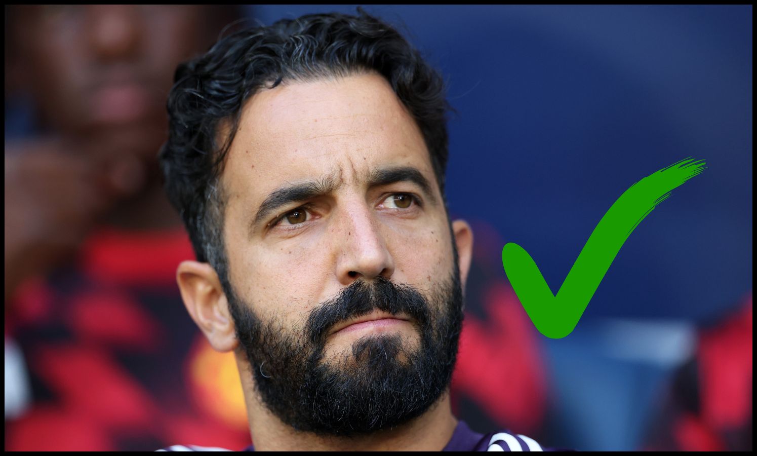 Ruben Amorim looks on next to a green tick mark.