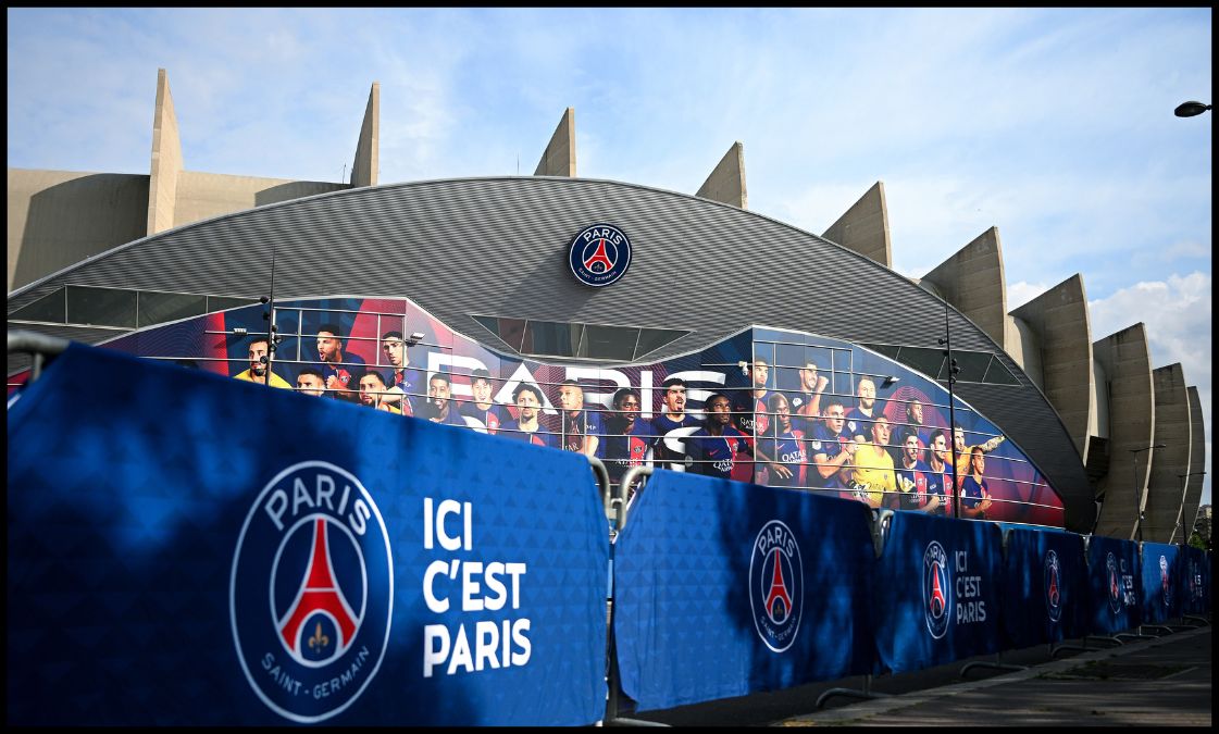 A general view outside PSG’s Parc des Princes stadium.